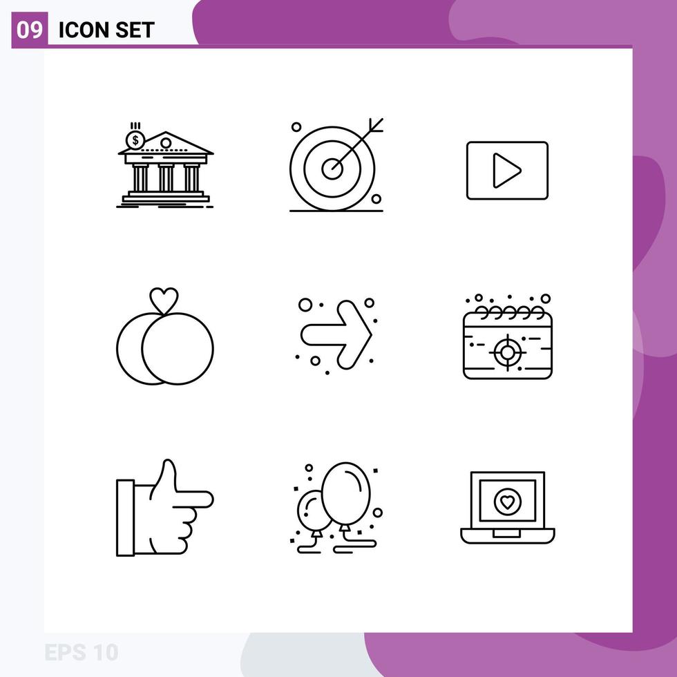 Set of 9 Modern UI Icons Symbols Signs for arrow rings search marriage video Editable Vector Design Elements