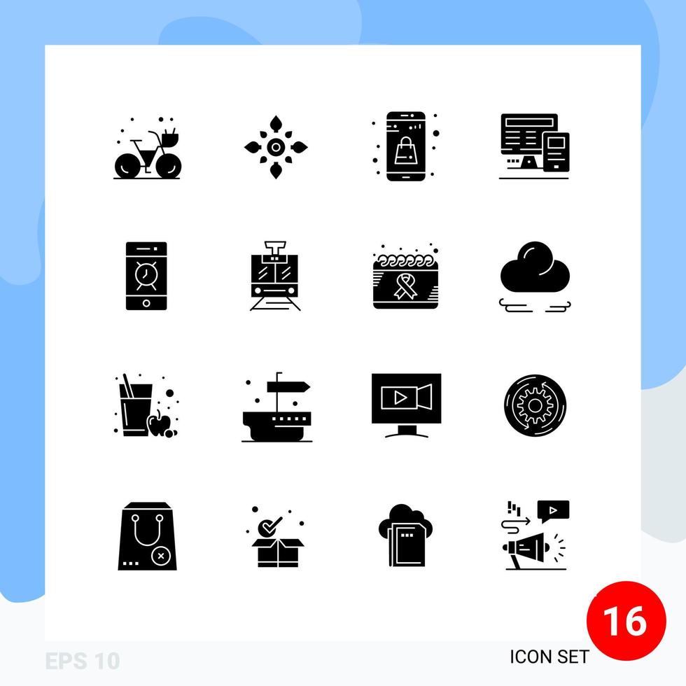Mobile Interface Solid Glyph Set of 16 Pictograms of calculatre monitor hindu computer shopping Editable Vector Design Elements