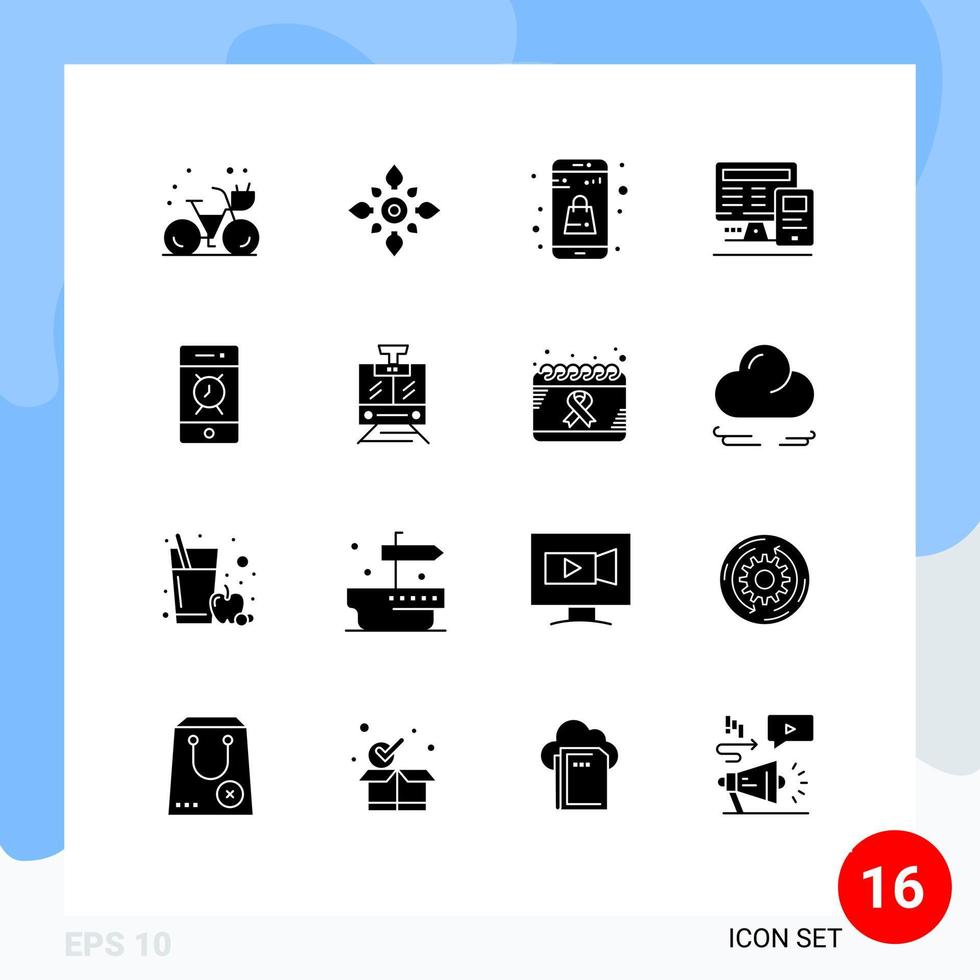 conjunto de glifos sólidos de interfaz móvil de 16 pictogramas de elementos de diseño de vector editables de compras de computadoras hindúes de monitor calculador