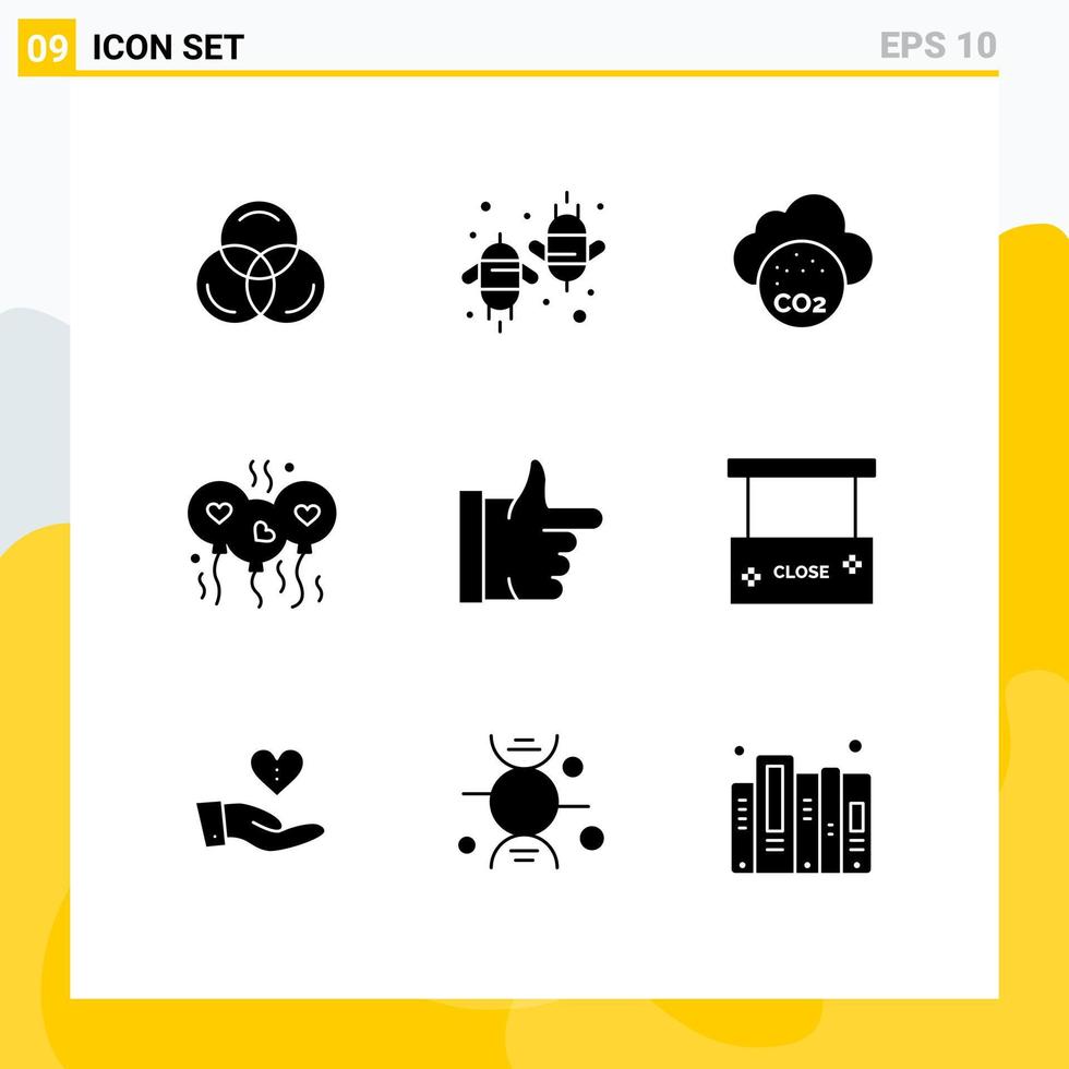 Set of 9 Vector Solid Glyphs on Grid for like wedding air heart bloone Editable Vector Design Elements