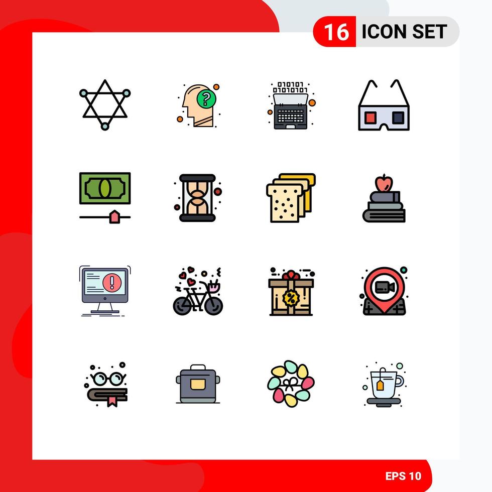 16 Universal Flat Color Filled Lines Set for Web and Mobile Applications money cash artificial stereo cinema Editable Creative Vector Design Elements
