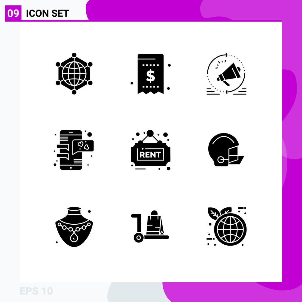 conjunto de 9 iconos de interfaz de usuario modernos símbolos signos de amor chat dinero altavoz megáfono elementos de diseño vectorial editables vector