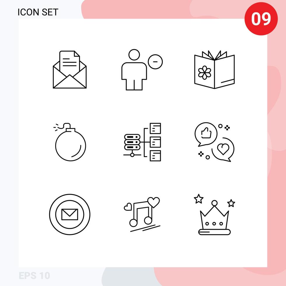 Set of 9 Vector Outlines on Grid for network explosive minus bomb mixture Editable Vector Design Elements