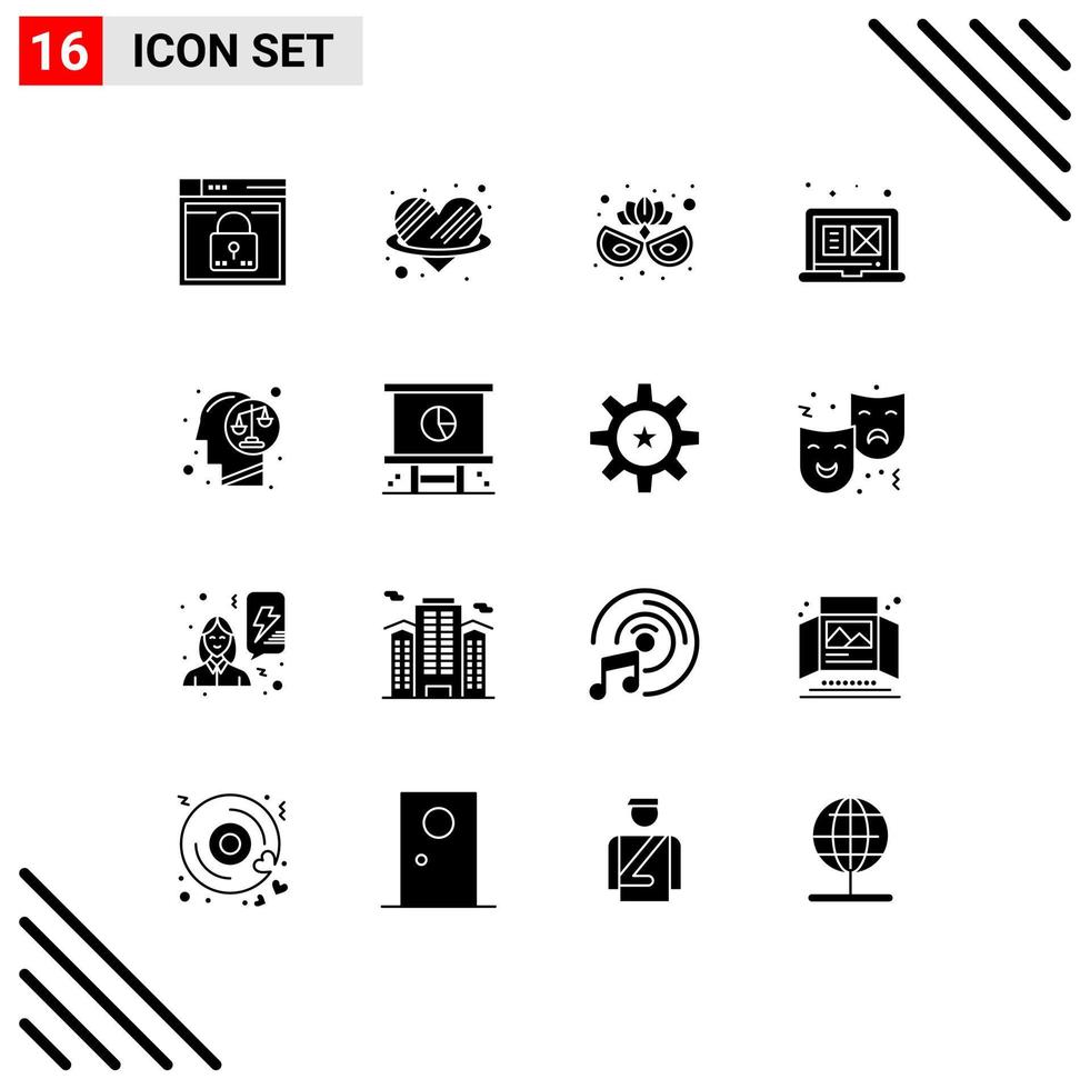 16 User Interface Solid Glyph Pack of modern Signs and Symbols of balance graphic love digital graphic eye mask Editable Vector Design Elements