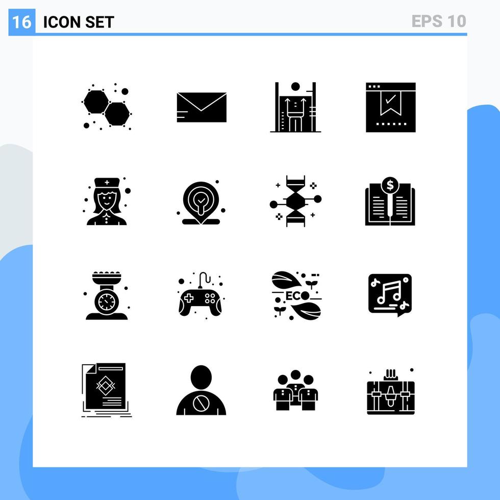 Set of 16 Vector Solid Glyphs on Grid for hospital okay human office check Editable Vector Design Elements
