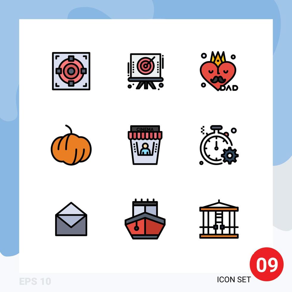 conjunto de 9 iconos de interfaz de usuario modernos símbolos signos para accesorios de películas de teatro elementos de diseño de vectores editables de comida de cine