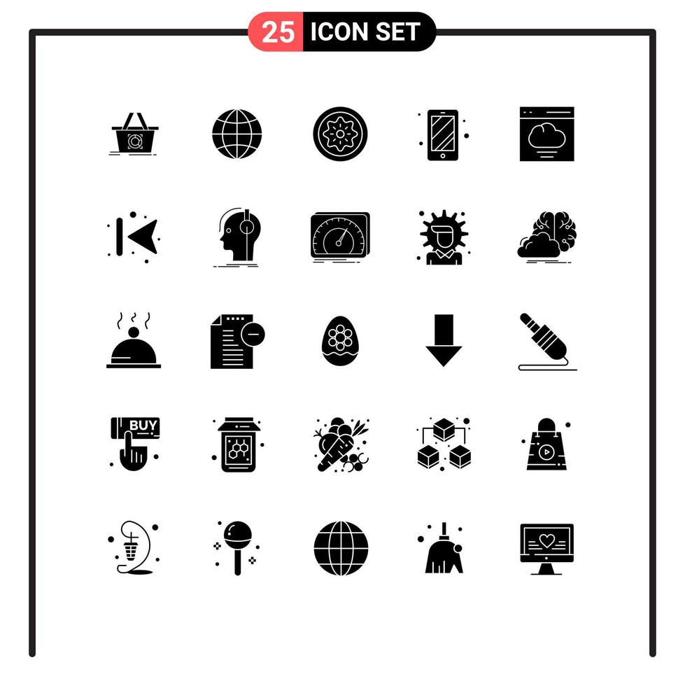 Set of 25 Commercial Solid Glyphs pack for interface cloud food access phone Editable Vector Design Elements