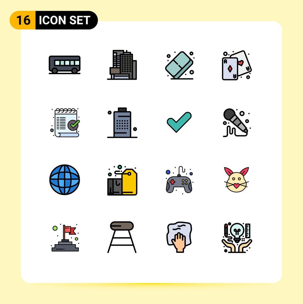 Universal Icon Symbols Group of 16 Modern Flat Color Filled Lines of mark checklist color check game Editable Creative Vector Design Elements