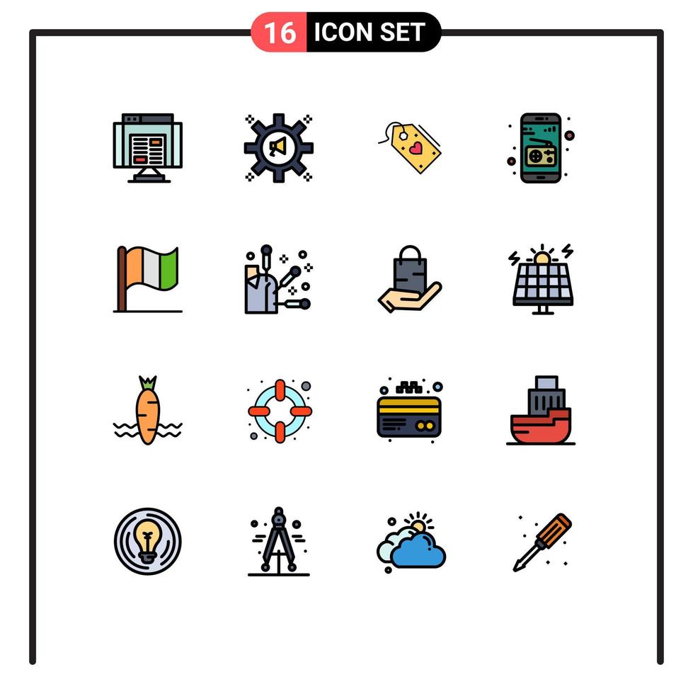 Set of 16 Modern UI Icons Symbols Signs for flag media megaphone communication discount Editable Creative Vector Design Elements