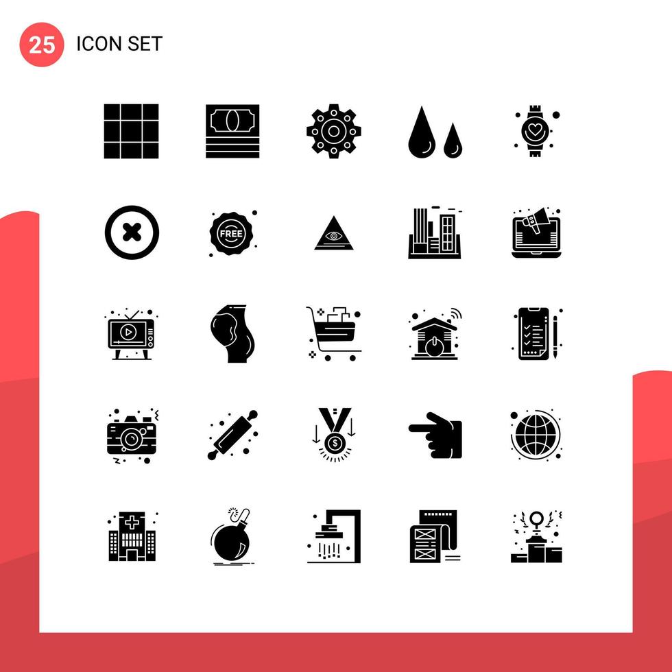 Set of 25 Vector Solid Glyphs on Grid for play media blood watch hand Editable Vector Design Elements