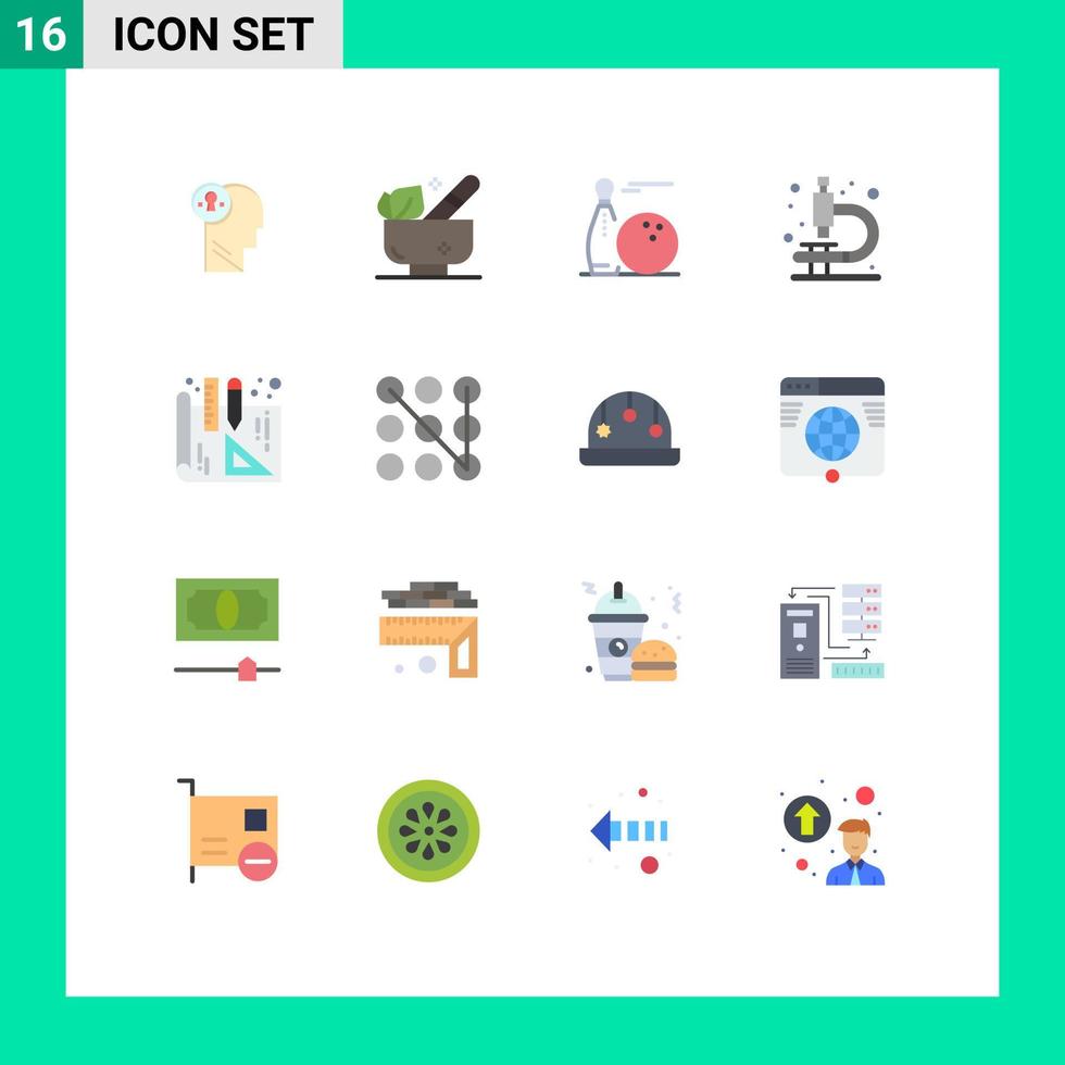 Modern Set of 16 Flat Colors and symbols such as blueprints microscope wellness lab play Editable Pack of Creative Vector Design Elements