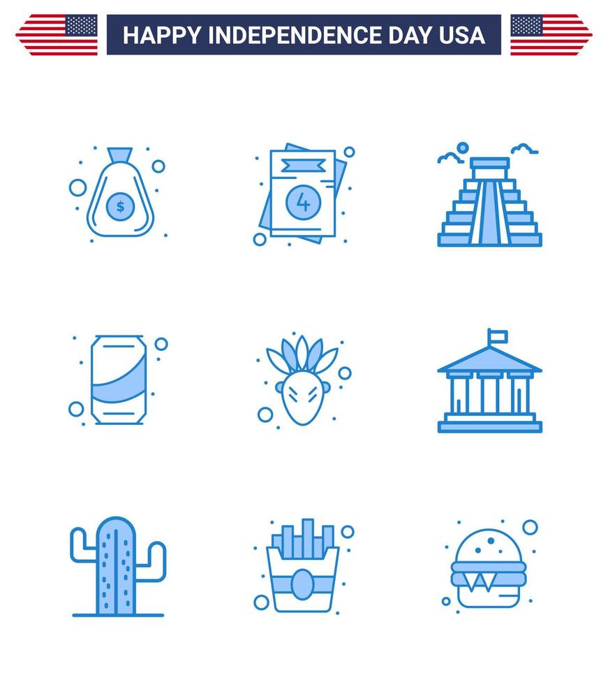 9 Creative USA Icons Modern Independence Signs and 4th July Symbols of native american cola building soda beer Editable USA Day Vector Design Elements