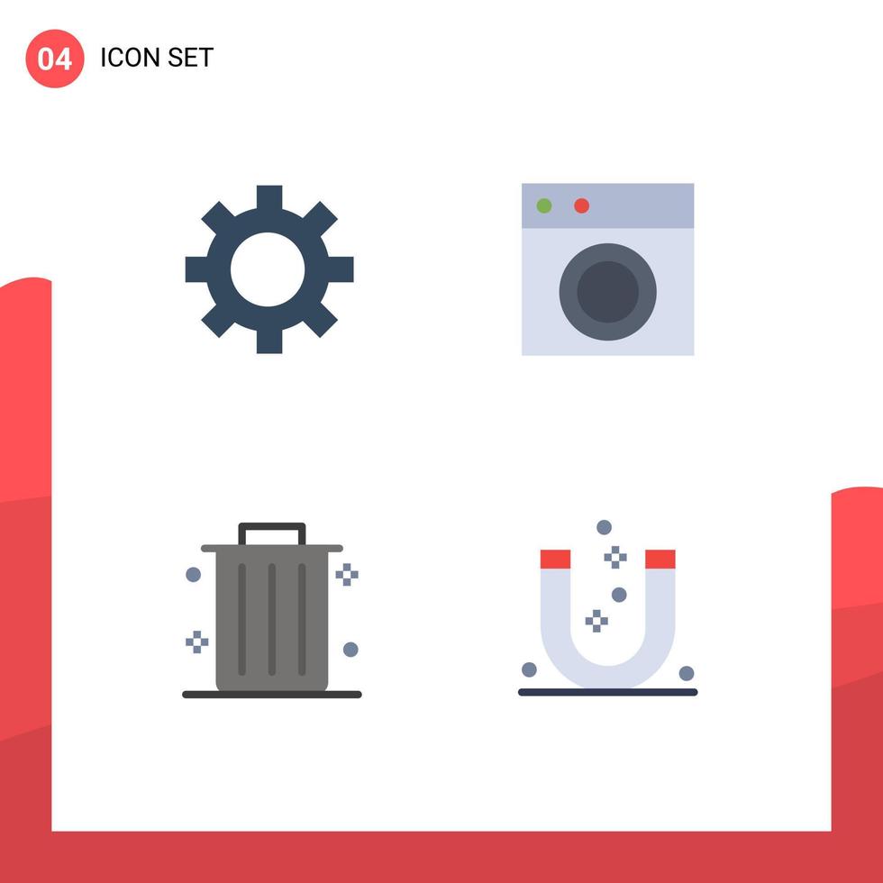 Pack of 4 creative Flat Icons of cog dustbin collection machine attract Editable Vector Design Elements