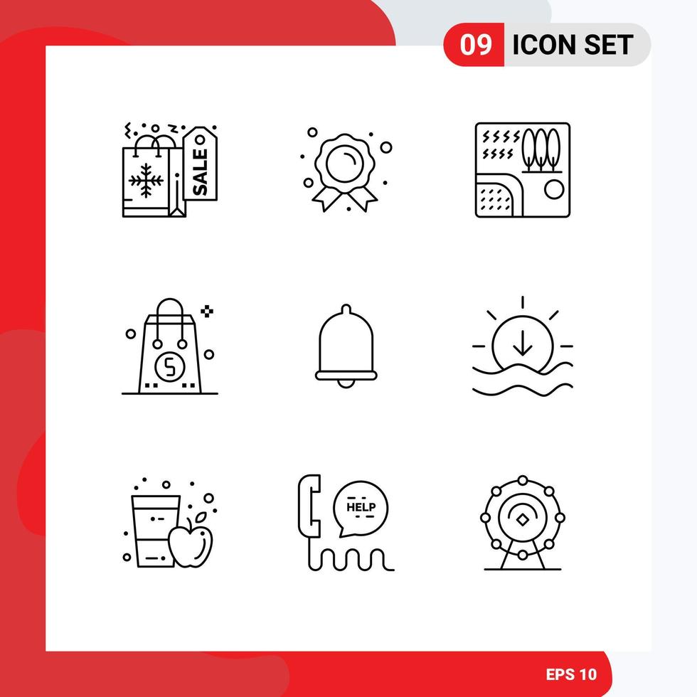 User Interface Pack of 9 Basic Outlines of alert shopping tree money bag Editable Vector Design Elements
