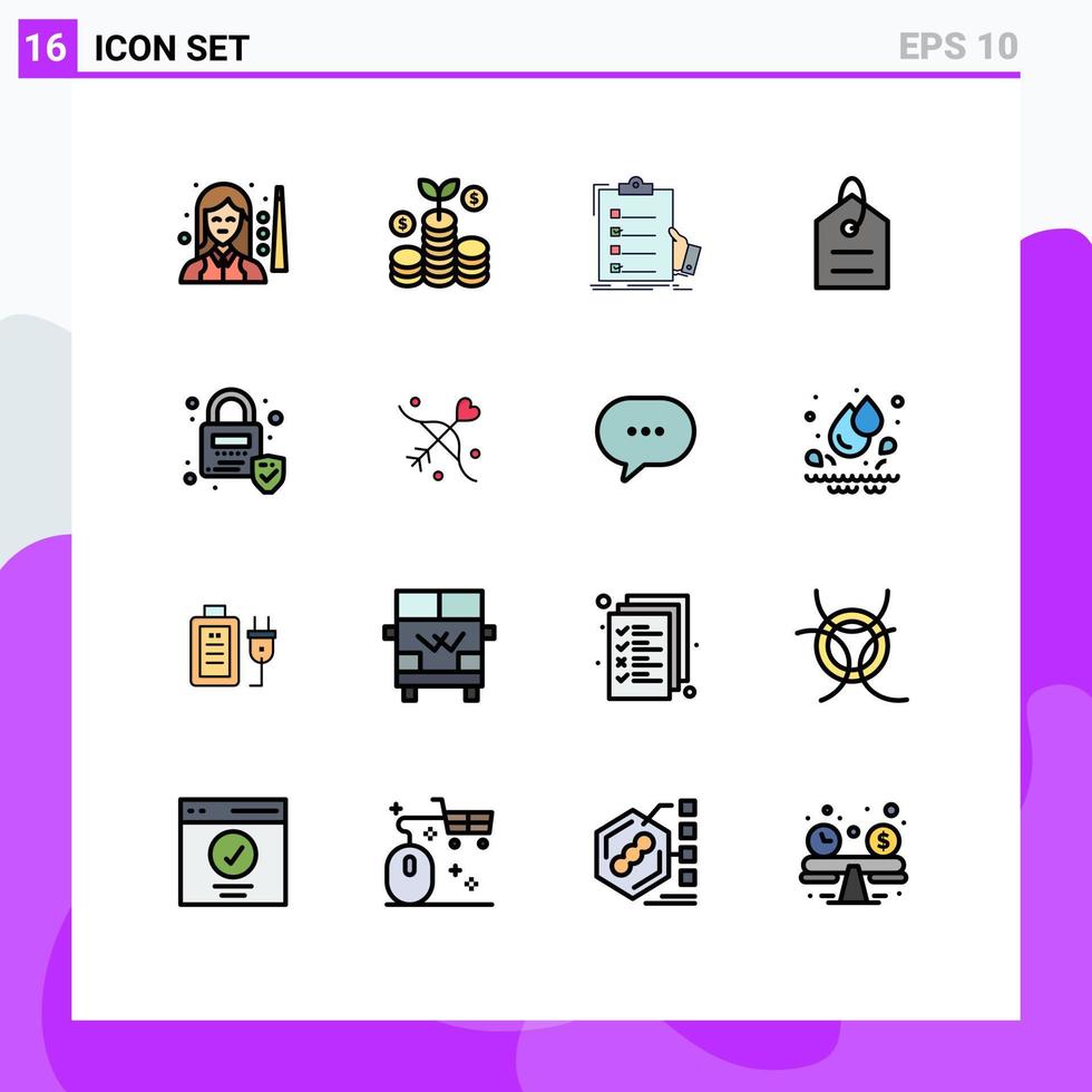 16 concepto de línea llena de color plano para sitios web móviles y aplicaciones lista de verificación de precios de bloqueo portapapeles de dinero elementos de diseño de vectores creativos editables