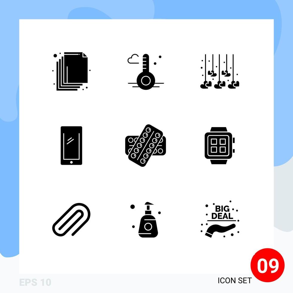 Group of 9 Modern Solid Glyphs Set for pill iphone heart android smart phone Editable Vector Design Elements