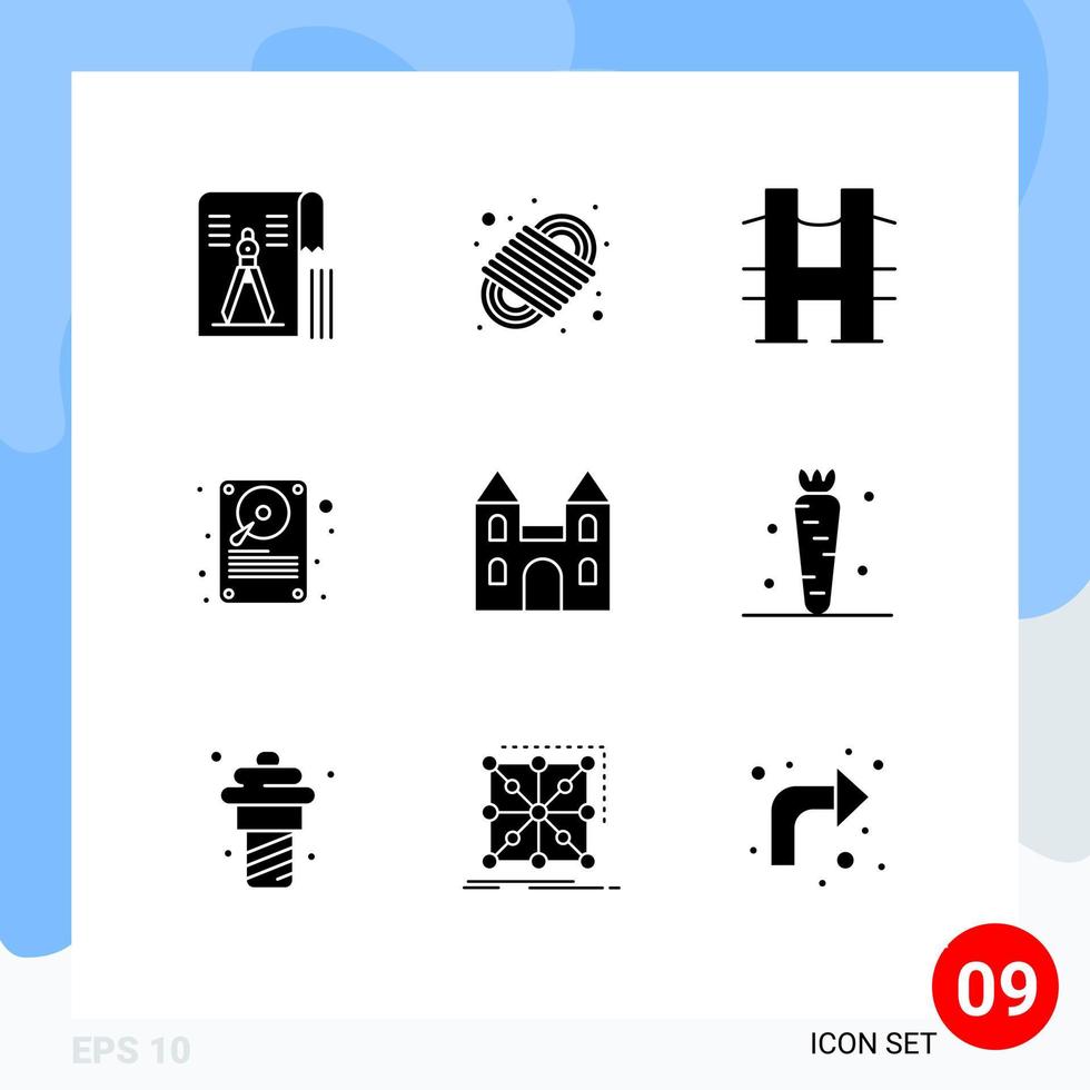 Pack of 9 Modern Solid Glyphs Signs and Symbols for Web Print Media such as big hardware rope hard disc road Editable Vector Design Elements