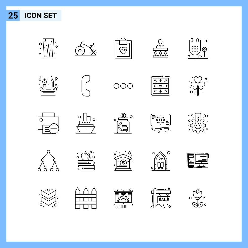 Paquete de 25 líneas de interfaz de usuario de signos y símbolos modernos de elementos de diseño de vectores editables del equipo de oficina de cardiogramas de enfermedades de forma