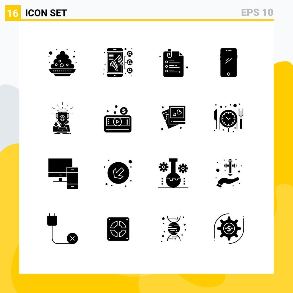 User Interface Pack of 16 Basic Solid Glyphs of achievement android paper mobile phone Editable Vector Design Elements