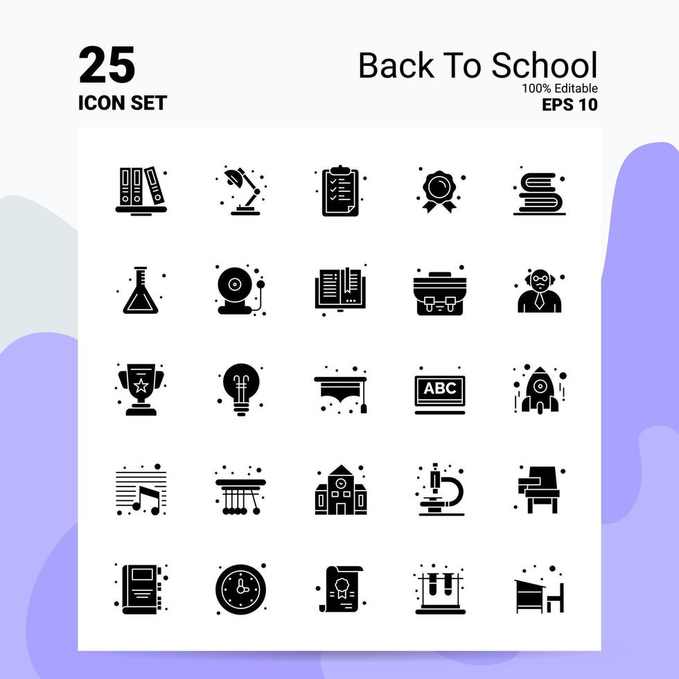 25 conjunto de iconos de regreso a la escuela 100 archivos editables eps 10 ideas de concepto de logotipo de empresa diseño de icono de glifo sólido vector
