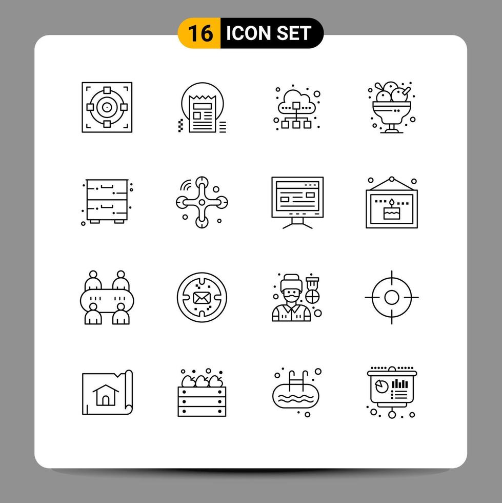 Modern Set of 16 Outlines Pictograph of ice cream dessert web cafe data traffic Editable Vector Design Elements