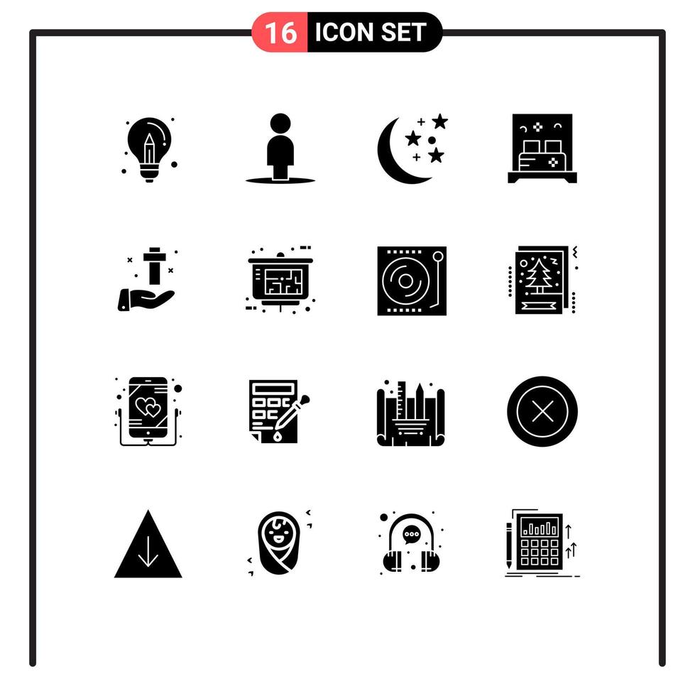 Solid Glyph Pack of 16 Universal Symbols of christian hand halloween sleep hotel Editable Vector Design Elements