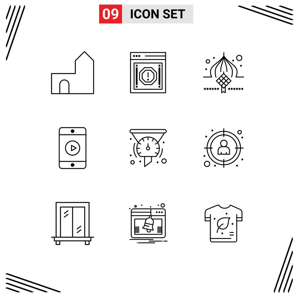 Pack of 9 Modern Outlines Signs and Symbols for Web Print Media such as video mobile notification eid decoration Editable Vector Design Elements