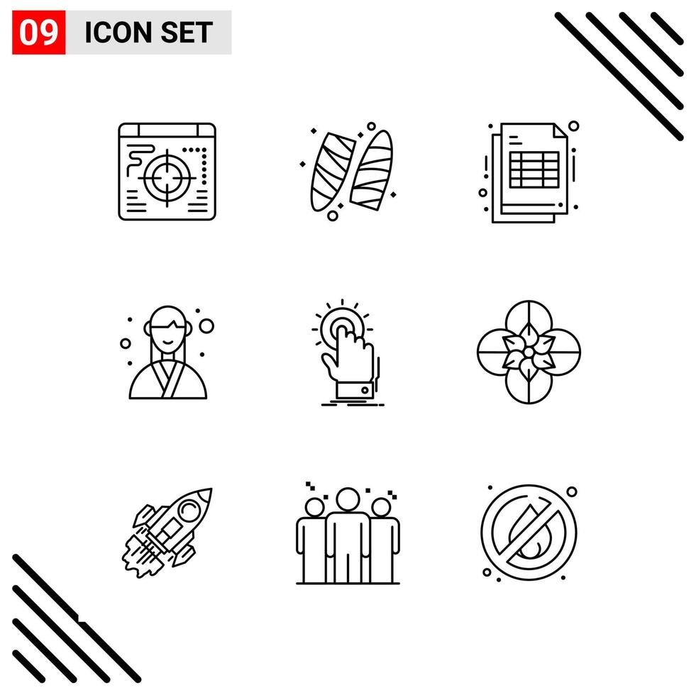 conjunto perfecto de píxeles de iconos de 9 líneas conjunto de iconos de esquema para el diseño de sitios web y la interfaz de aplicaciones móviles vector