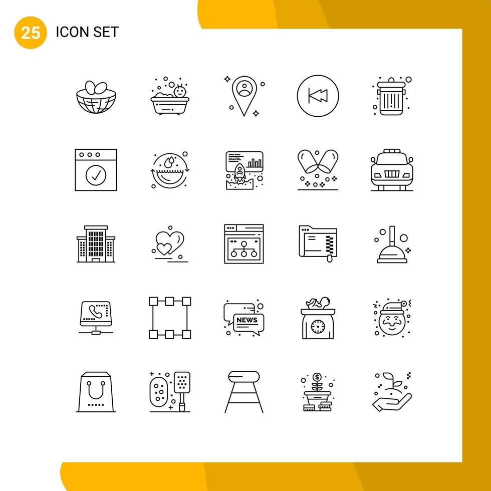 Editable Vector Line Pack of 25 Simple Lines of dustbin rewind location multimedia back Editable Vector Design Elements