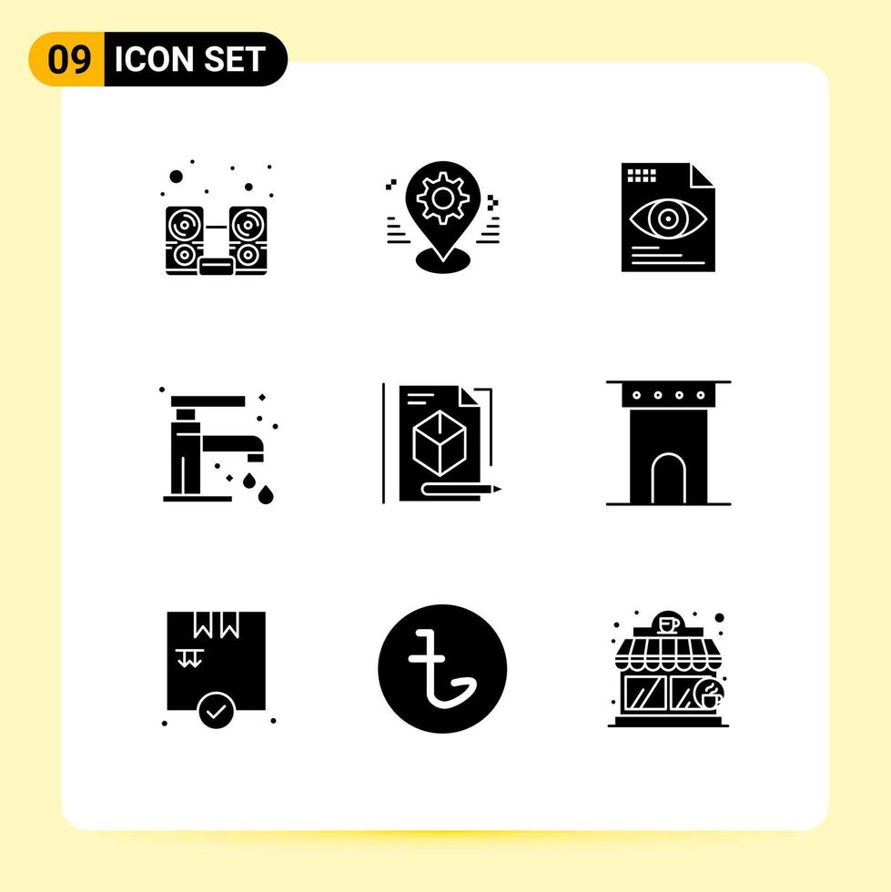 grupo de 9 glifos sólidos modernos establecidos para configuración de fregadero de archivos faucet computación elementos de diseño de vectores editables