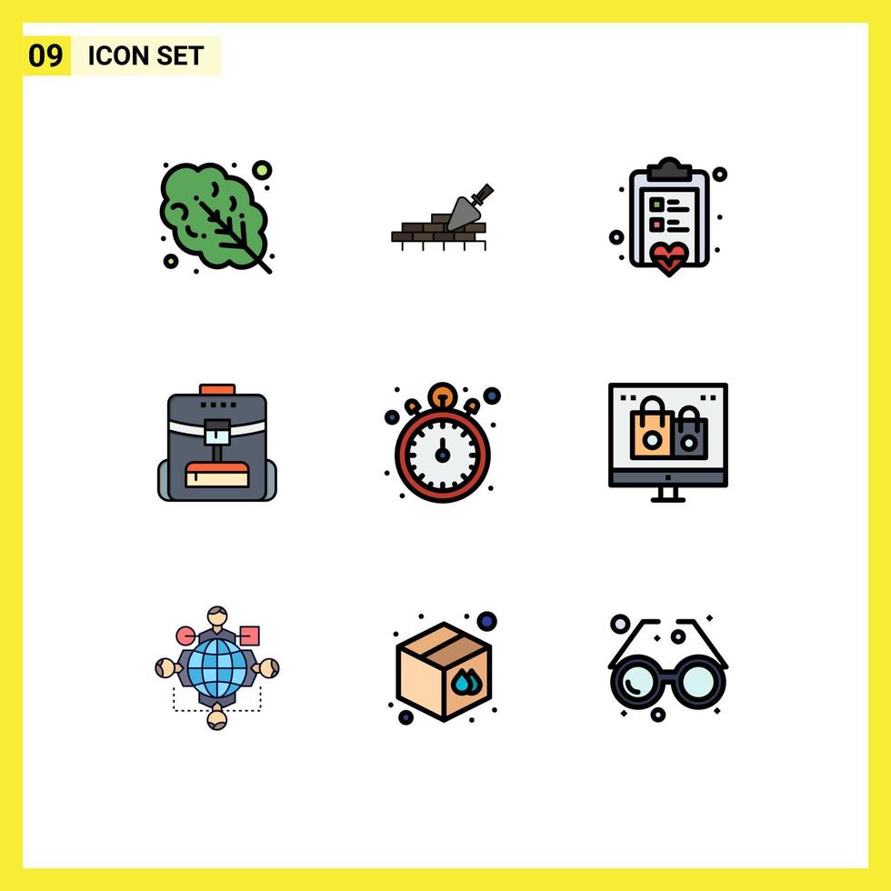 Modern Set of 9 Filledline Flat Colors Pictograph of timer pocket watch checklist service backbag Editable Vector Design Elements