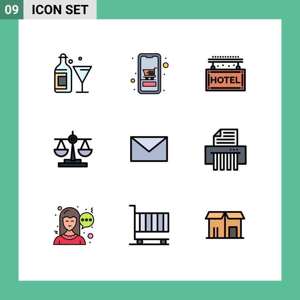 Filledline Flat Color Pack of 9 Universal Symbols of email law online justice rest Editable Vector Design Elements
