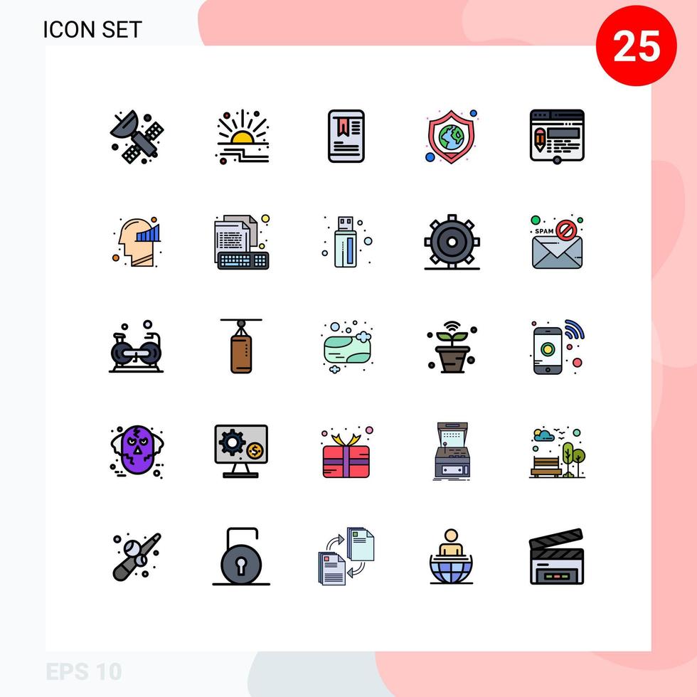 Mobile Interface Filled line Flat Color Set of 25 Pictograms of page edit mobile world globe security Editable Vector Design Elements