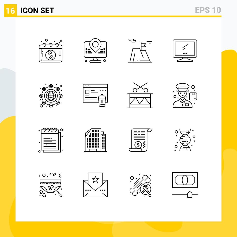 Mobile Interface Outline Set of 16 Pictograms of pc device flag monitor land Editable Vector Design Elements