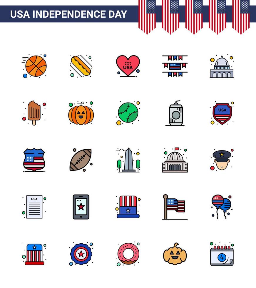 paquete de líneas llenas planas de 25 símbolos del día de la independencia de estados unidos de estados unidos fríos american madison elementos de diseño vectorial editables estadounidenses del día de estados unidos vector