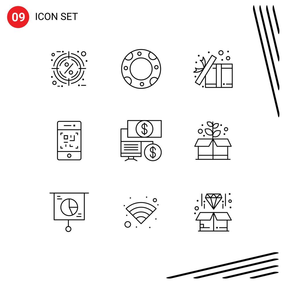 9 iconos creativos signos y símbolos modernos de caja de escáner de banco teléfono elementos de diseño de vector editables sorpresa
