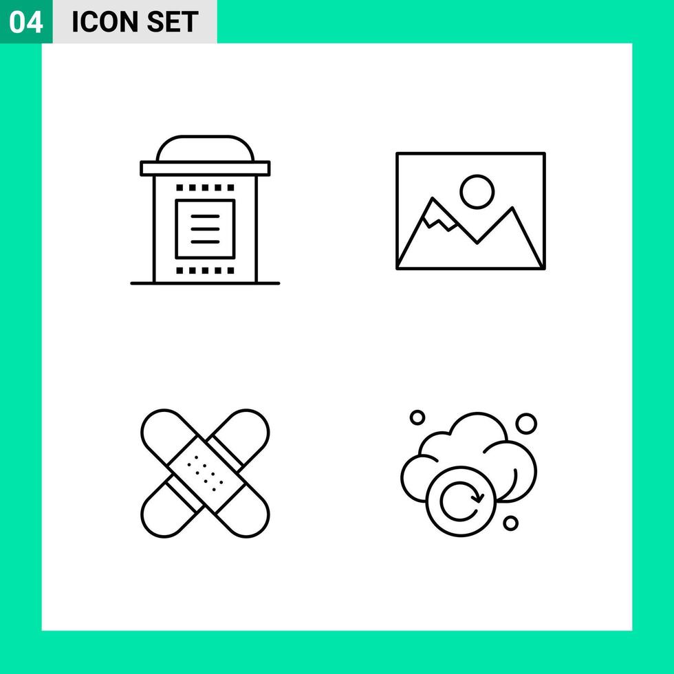 paquete de 4 iconos de estilo de línea establece símbolos de esquema para imprimir signos creativos aislados en fondo blanco 4 conjunto de iconos vector