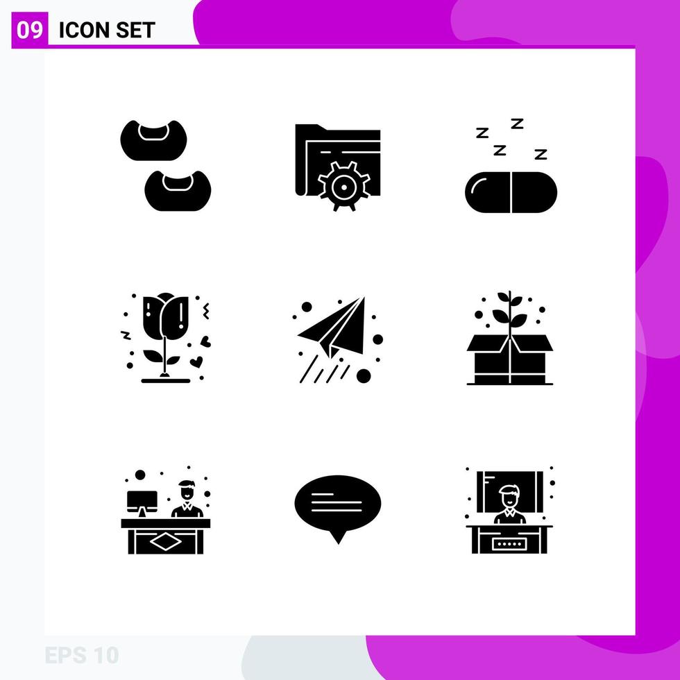 9 Universal Solid Glyph Signs Symbols of green plane pills paper plane romantic Editable Vector Design Elements