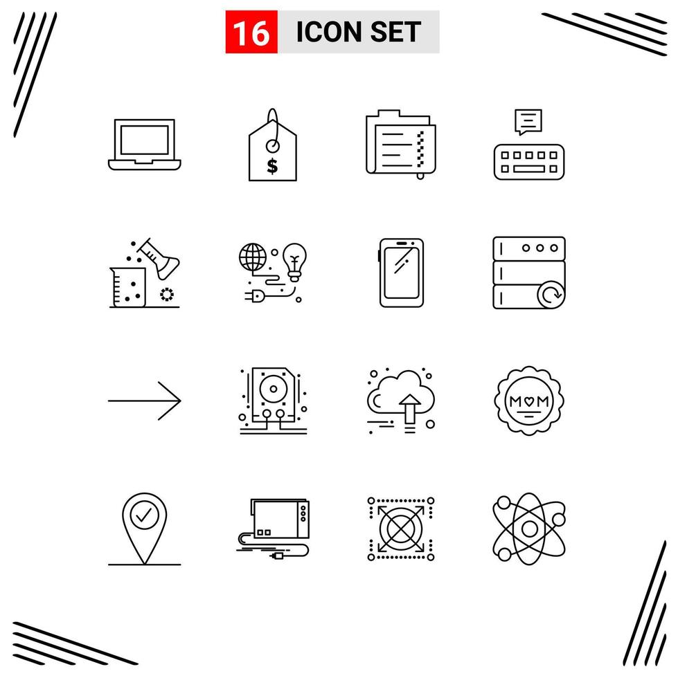 16 User Interface Outline Pack of modern Signs and Symbols of science of matter chemistry document chemical science chat Editable Vector Design Elements