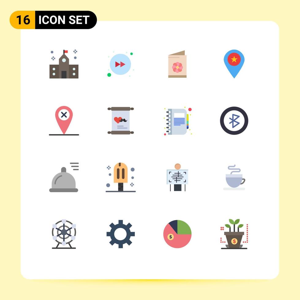 conjunto moderno de 16 colores planos y símbolos como marcador de mapa tarjeta de visita mapa estrella paquete editable de elementos creativos de diseño de vectores