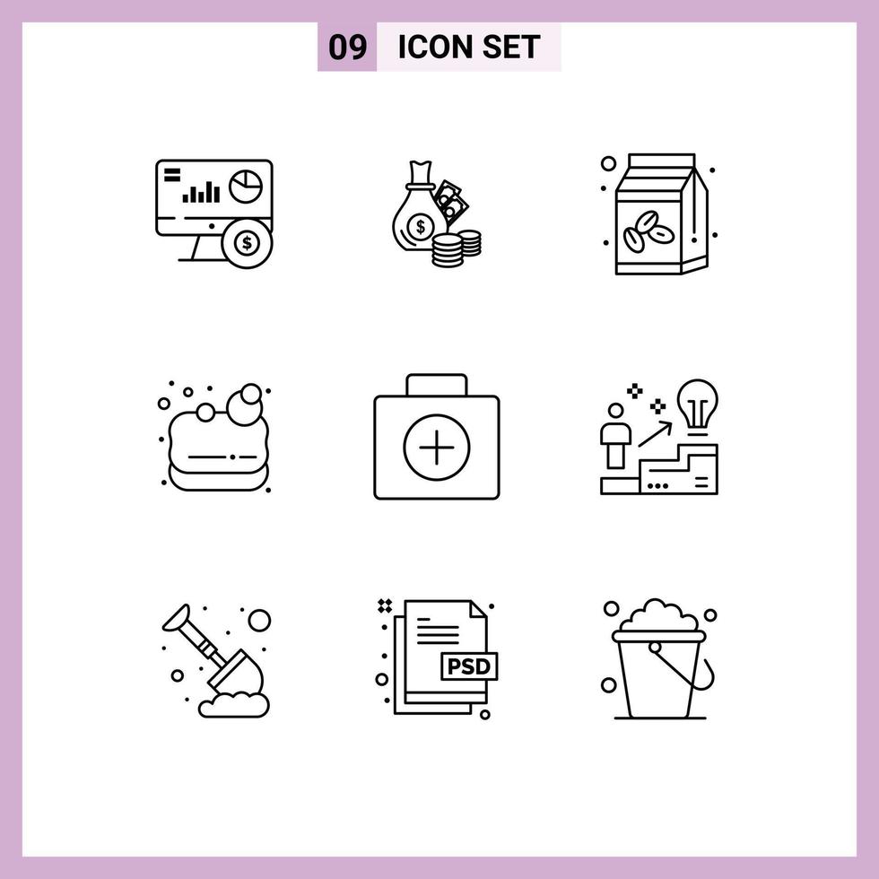 Pack of 9 creative Outlines of first aid lotus gold sauna bean Editable Vector Design Elements
