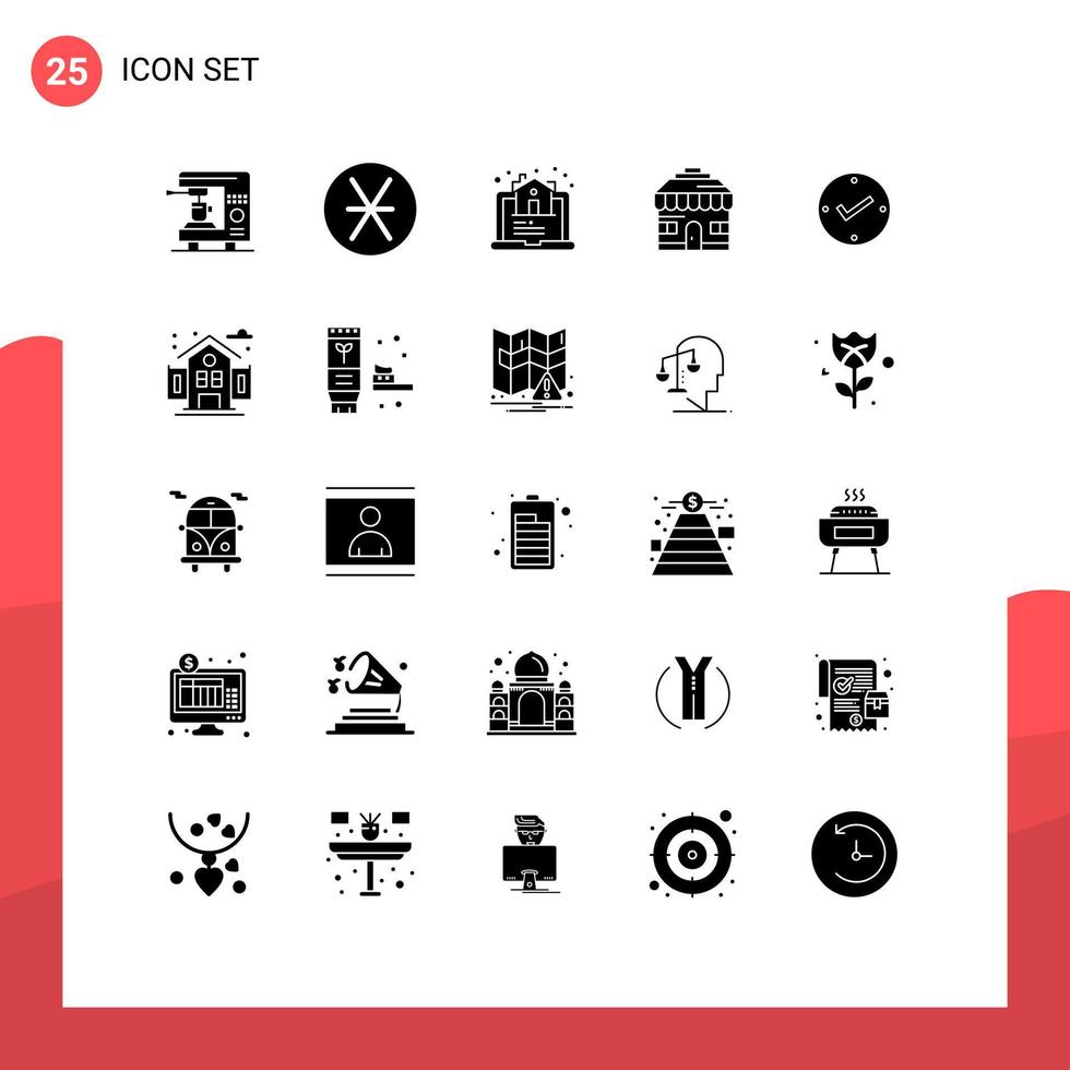 25 Universal Solid Glyphs Set for Web and Mobile Applications approved open estate shop building Editable Vector Design Elements