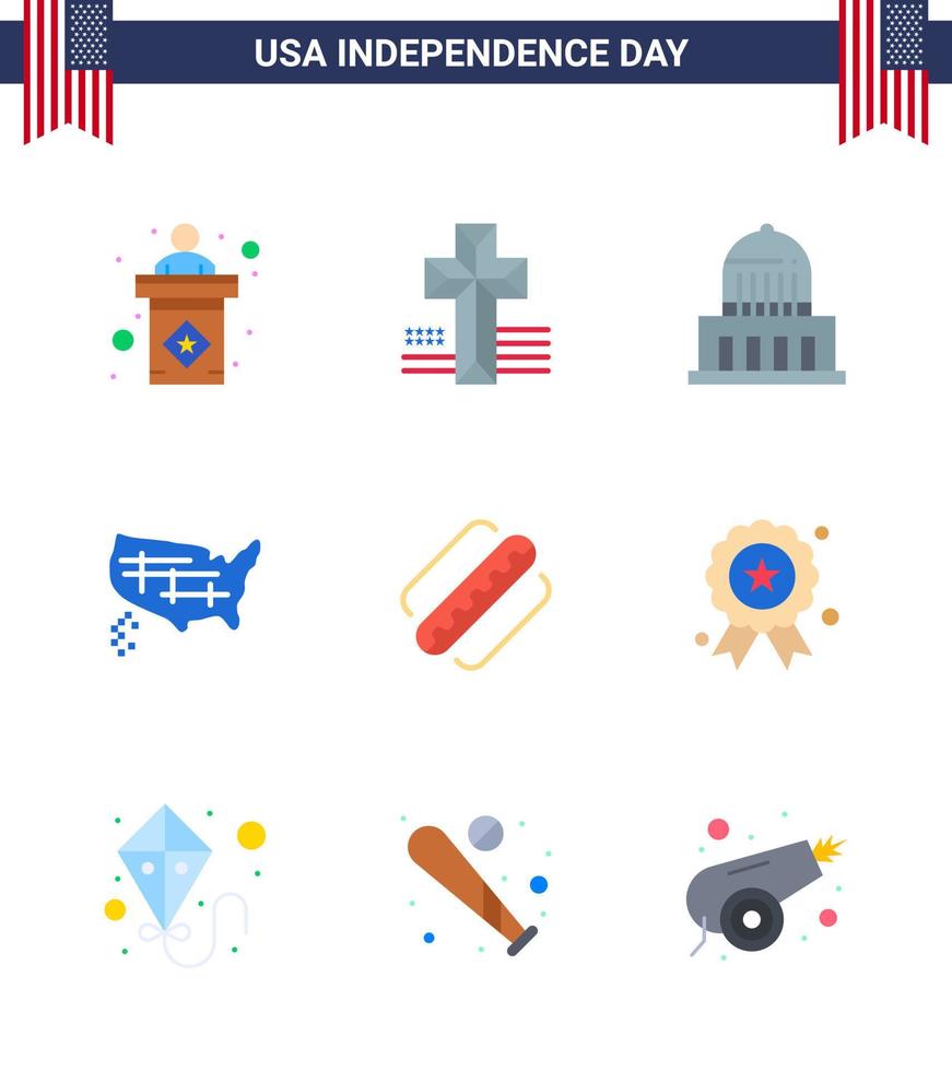 USA Happy Independence DayPictogram Set of 9 Simple Flats of hotdog america city usa states Editable USA Day Vector Design Elements