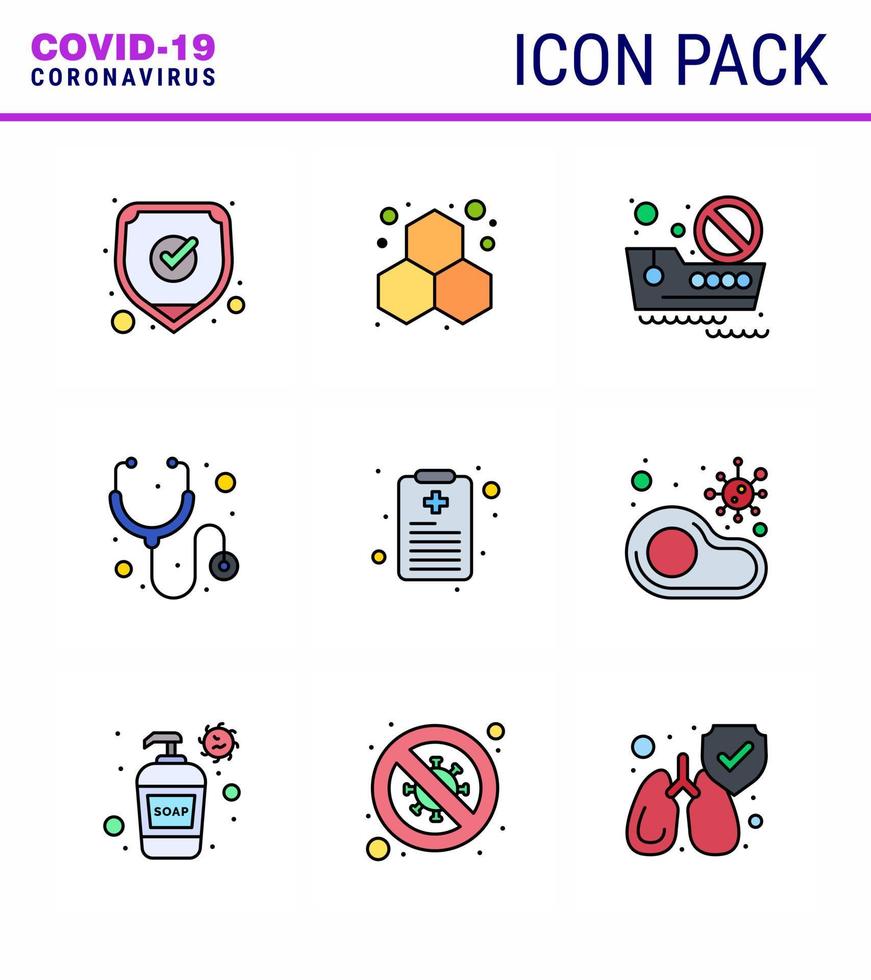 corona virus prevention covid19 tips to avoid injury 9 Filled Line Flat Color icon for presentation report health chart banned travel stethoscope healthcare viral coronavirus 2019nov disease Vec vector