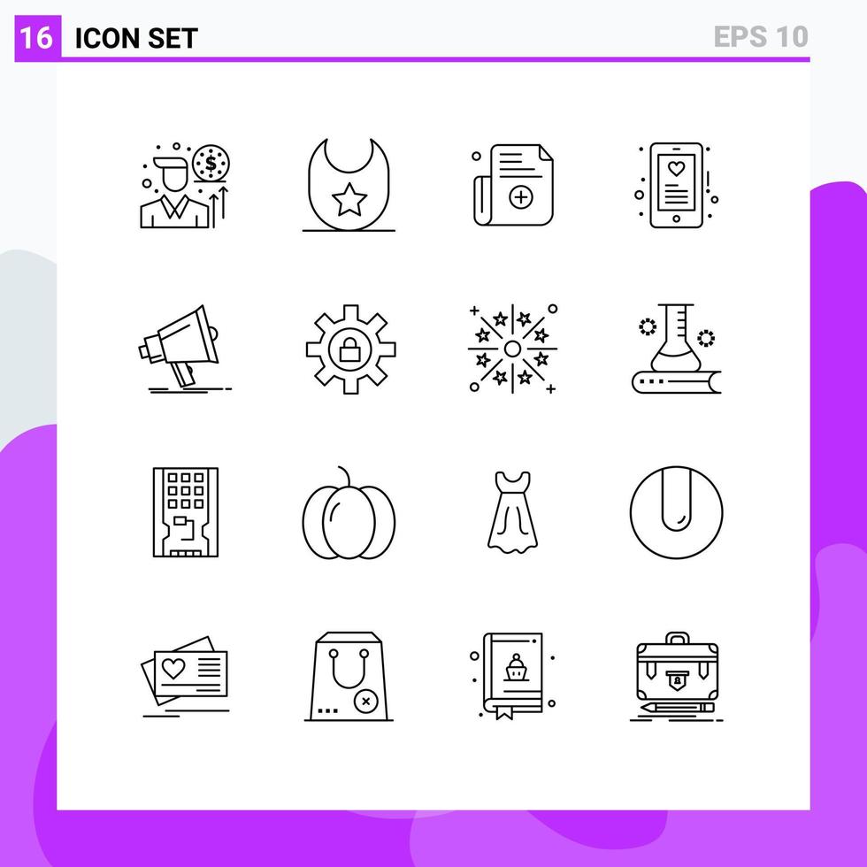 User Interface Pack of 16 Basic Outlines of megaphone marketing register digital mobile Editable Vector Design Elements