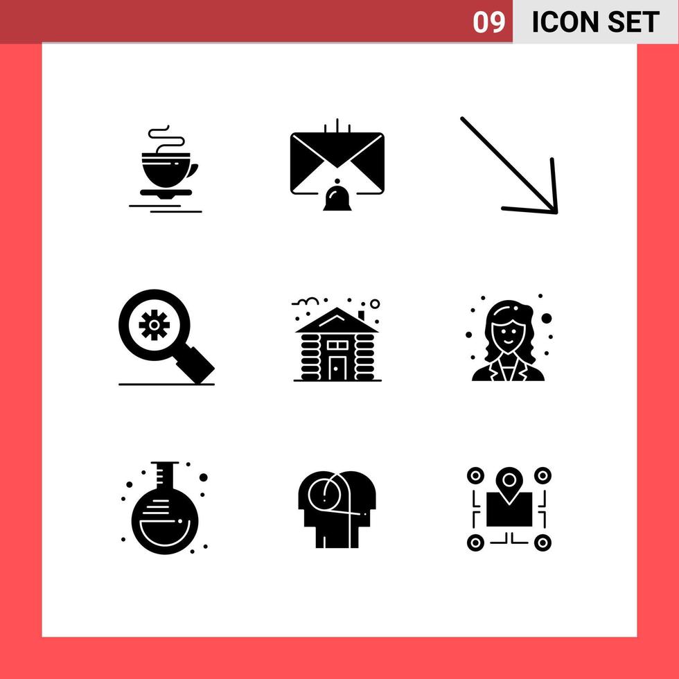 Set of 9 Vector Solid Glyphs on Grid for house setting help gear research Editable Vector Design Elements