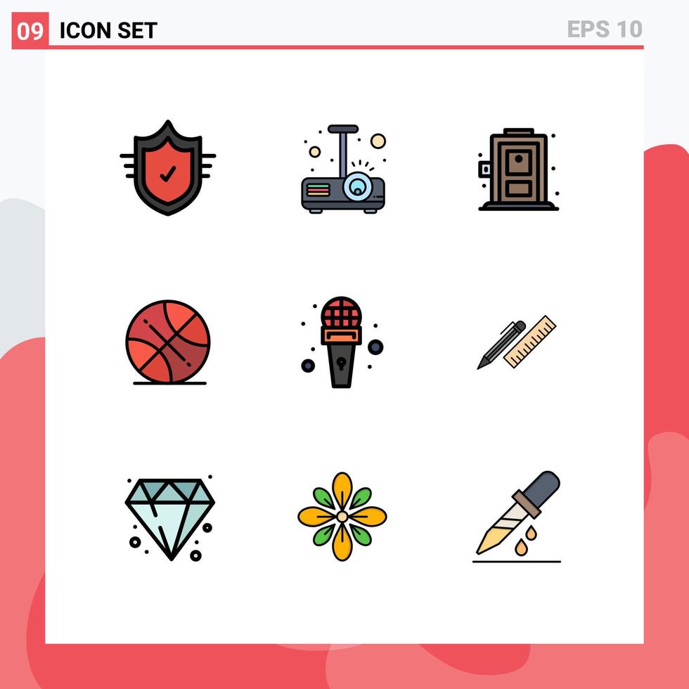 Filledline Flat Color Pack of 9 Universal Symbols of news mic home usa ball Editable Vector Design Elements