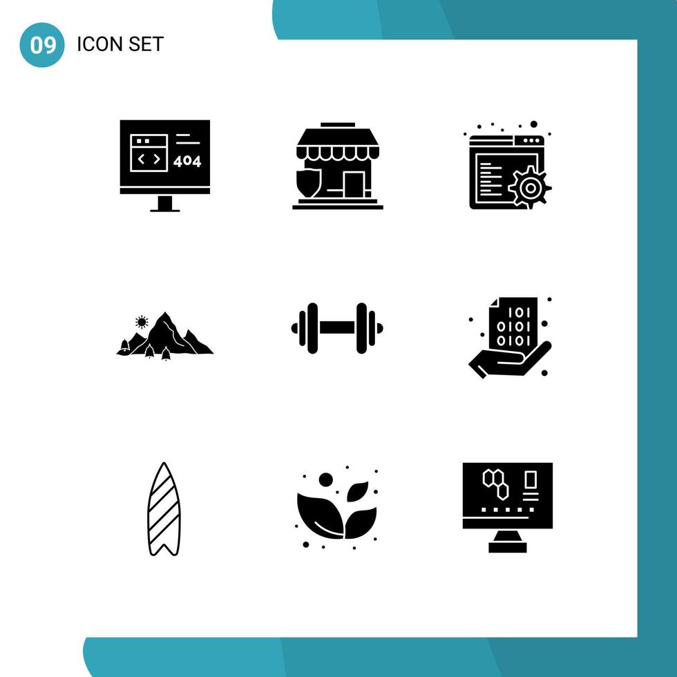 Universal Icon Symbols Group of 9 Modern Solid Glyphs of dumbbell nature shop hill mountain Editable Vector Design Elements