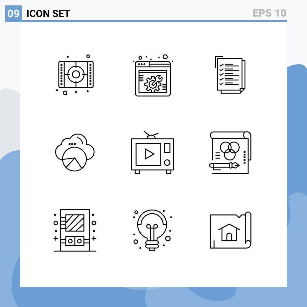 Editable Vector Line Pack of 9 Simple Outlines of film cloud scince check list data scince reporting Editable Vector Design Elements