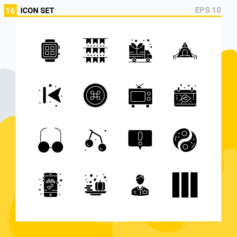 16 User Interface Solid Glyph Pack of modern Signs and Symbols of back arrows party tent camping Editable Vector Design Elements